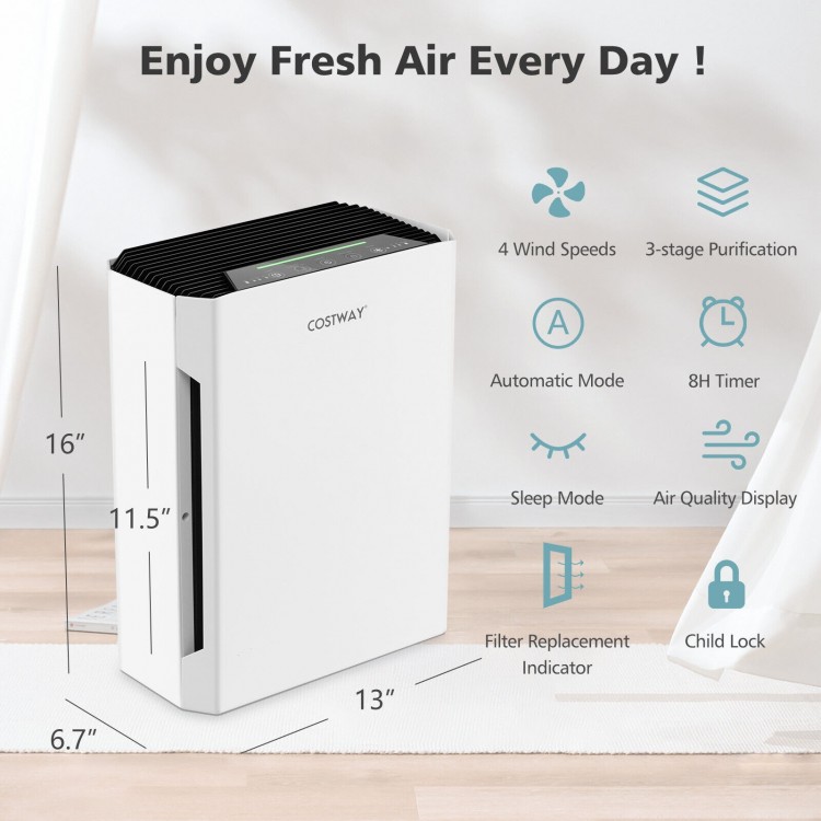 H13 True HEPA air purifier in white with adjustable wind speeds and LED display for efficient air purification.