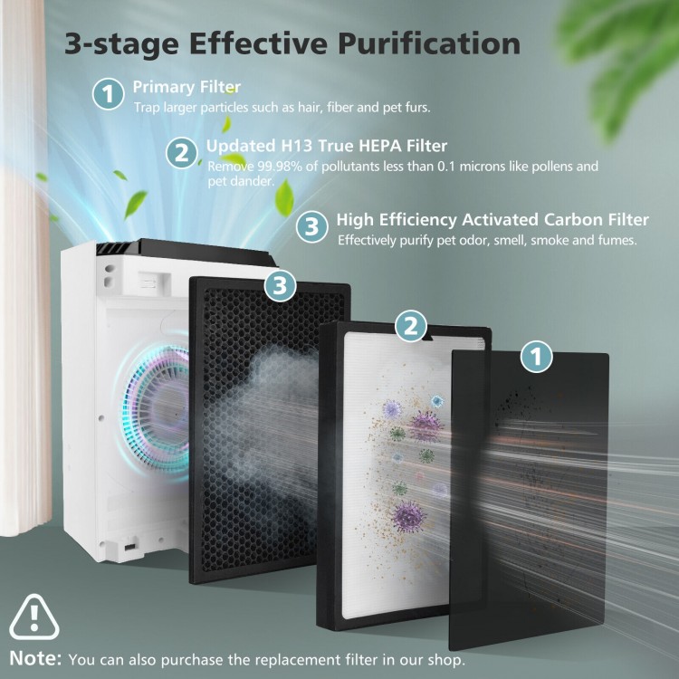 H13 True HEPA air purifier showing 3-stage filters, designed for efficient air purification and compact use.