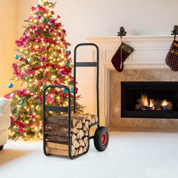 Firewood log cart carrier with wear-resistant rubber wheels, designed for easy movement and large storage capacity.