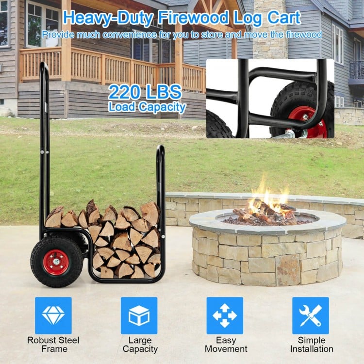 Heavy-duty firewood log cart with wear-resistant rubber wheels, sturdy steel frame, and 220 lbs capacity for easy.