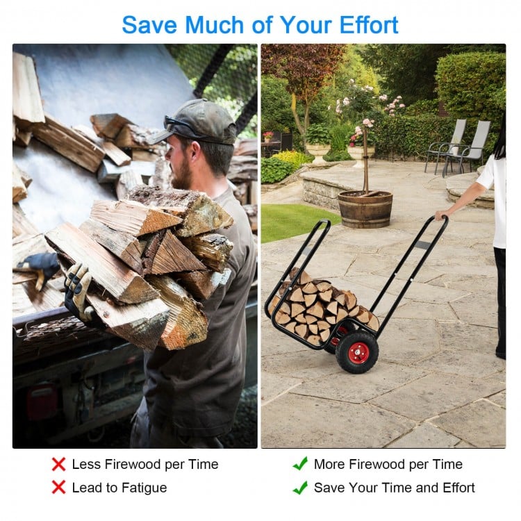 Firewood log cart carrier with wear-resistant rubber wheels, sturdy steel frame, for easy transport of firewood.
