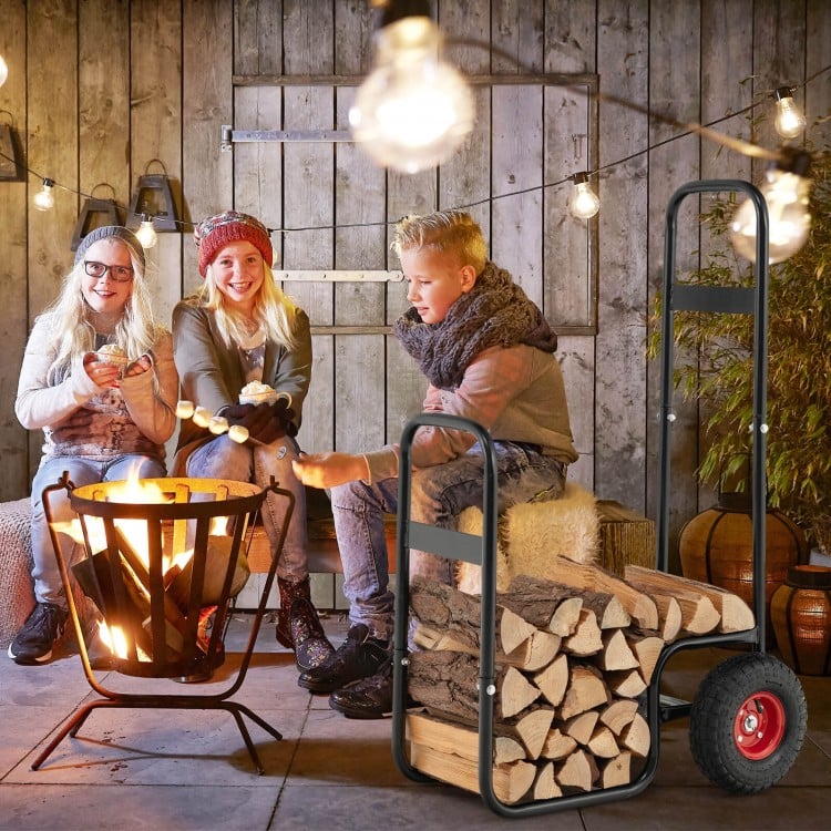 Firewood log cart carrier with rubber wheels, sturdy steel frame, and large storage for easy outdoor firewood transport.