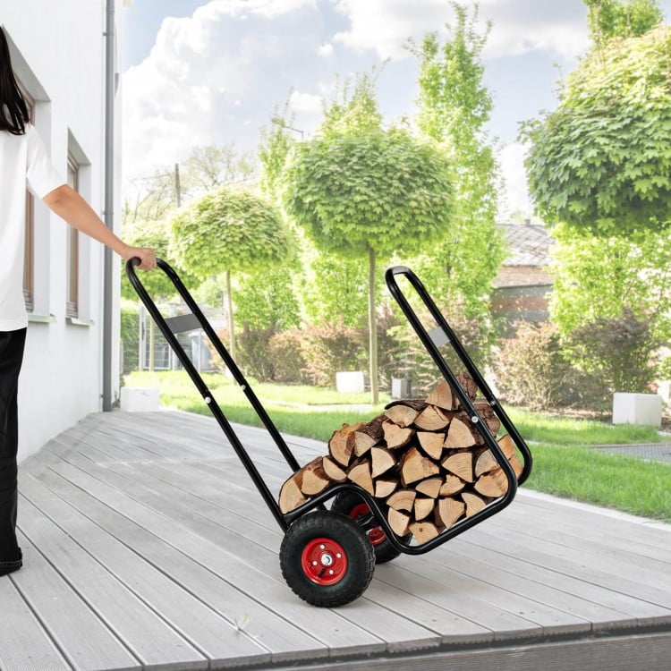 Firewood log cart carrier with rubber wheels, loaded with logs, ideal for outdoor use on various surfaces.