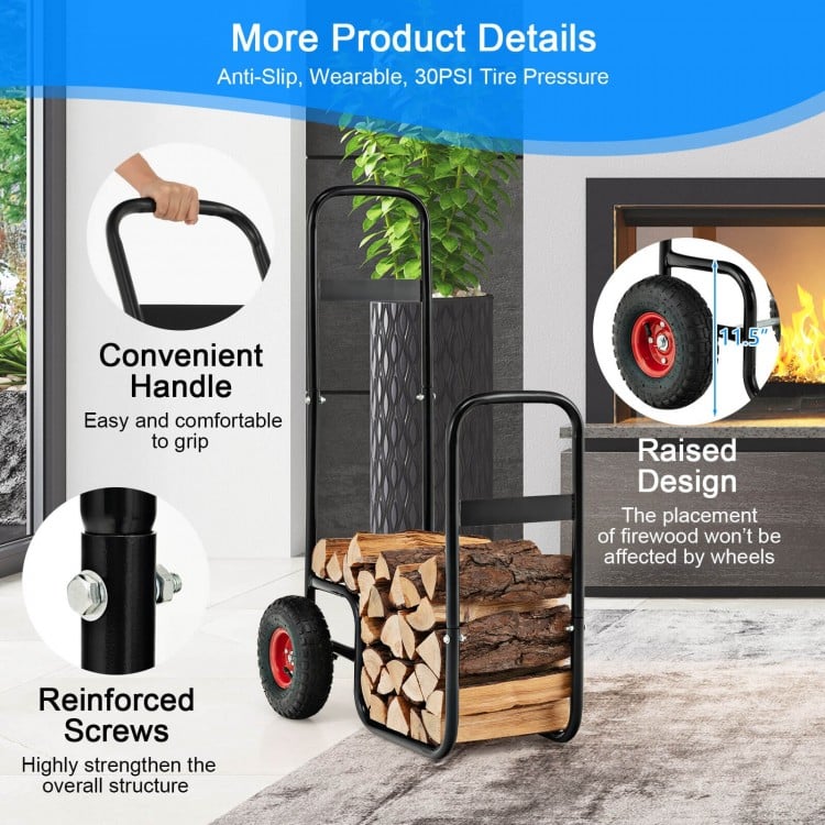 Firewood log cart carrier with wear-resistant rubber wheels, sturdy steel frame, and raised design for easy transport.