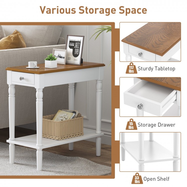 Narrow side table with a drawer and open storage shelf, featuring a sturdy MDF and wood design for versatile use.