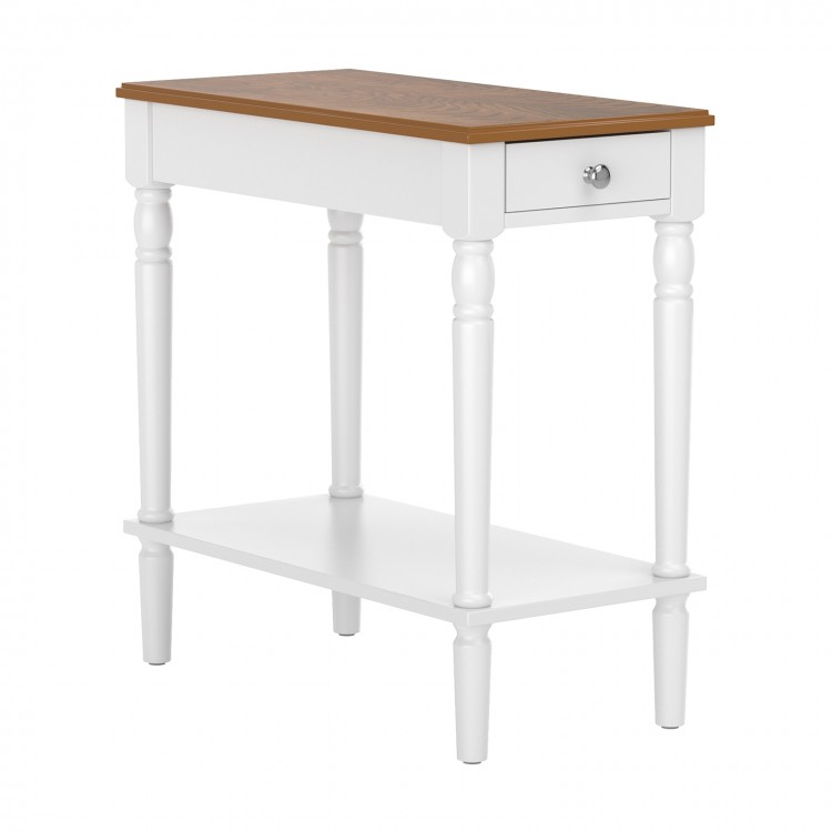 Narrow side table with a drawer and open shelf, featuring a white finish and acacia wood top, ideal for small spaces.