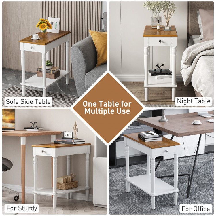 Narrow side table with drawer and open shelf, made of MDF and acacia wood, ideal for living room or office use.