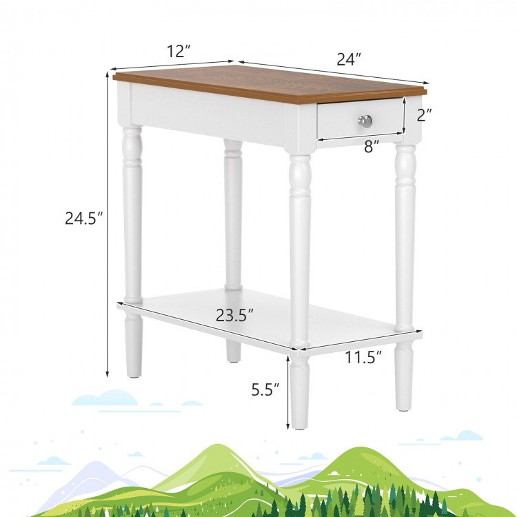Narrow side table with drawer and open storage shelf, featuring MDF and acacia wood, ideal for small spaces.