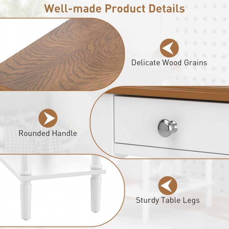 Close-up of the narrow side table showcasing delicate wood grains, rounded handle, and sturdy table legs for stability.