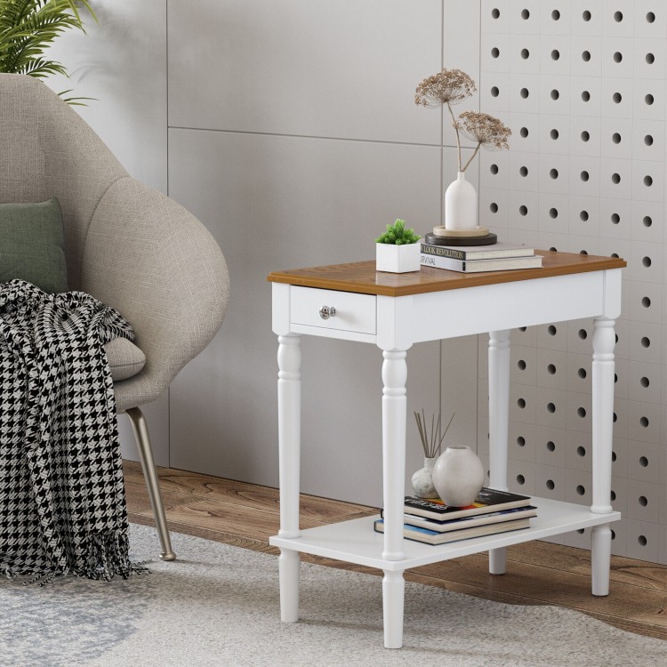 Narrow side table with a wooden top, white finish, drawer, and open shelf, ideal for small spaces in any room.