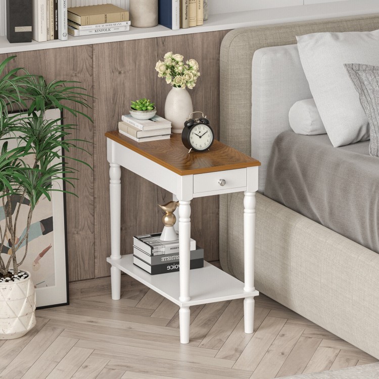 Narrow side table with a spacious tabletop and open shelf, perfect for tight spaces in living rooms or bedrooms.