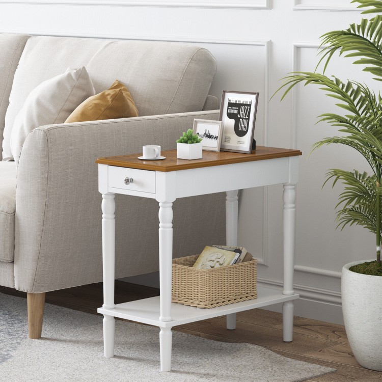Narrow side table with a drawer and open storage shelf, featuring a white finish and wooden top, ideal for small spaces.