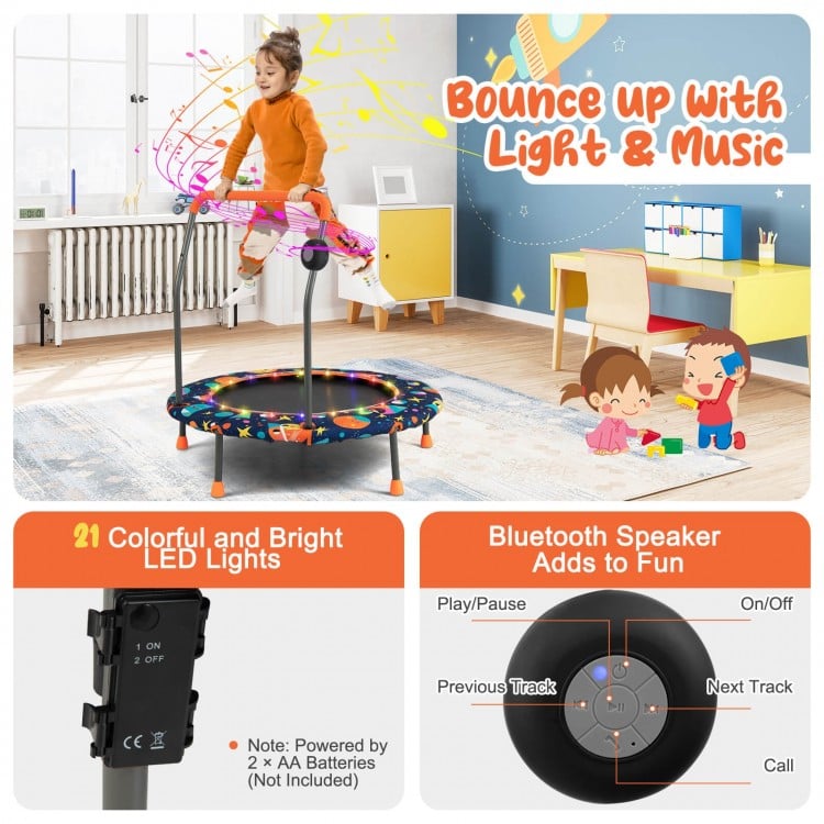 36-inch mini trampoline with colorful LED lights and Bluetooth speaker, designed for safe and fun jumping for kids.