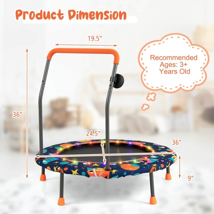 36-inch mini trampoline with colorful LED lights, featuring a sturdy frame and foam-covered handle for safe jumping.