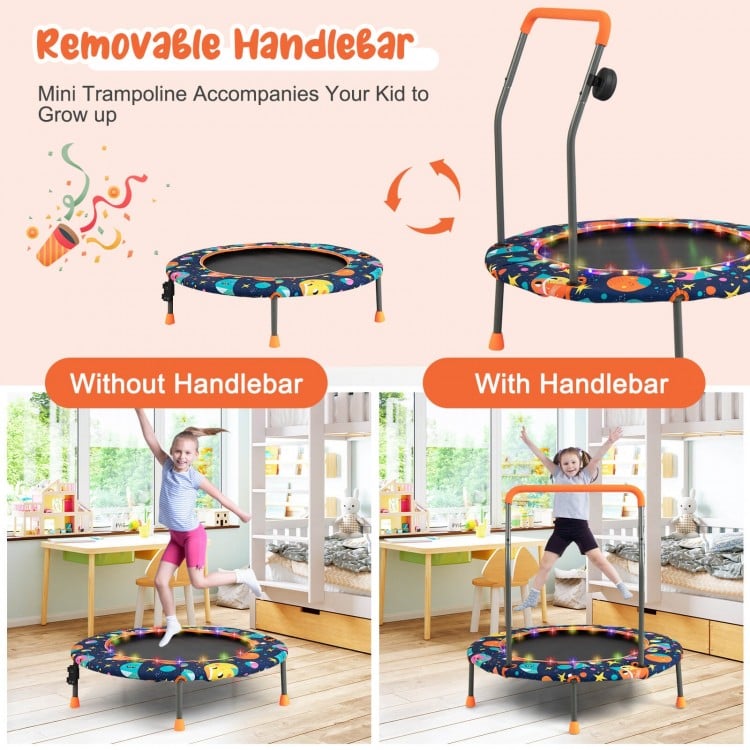 36-inch mini trampoline with colorful LED lights, removable handlebar, and sturdy steel frame for safe kids' play.
