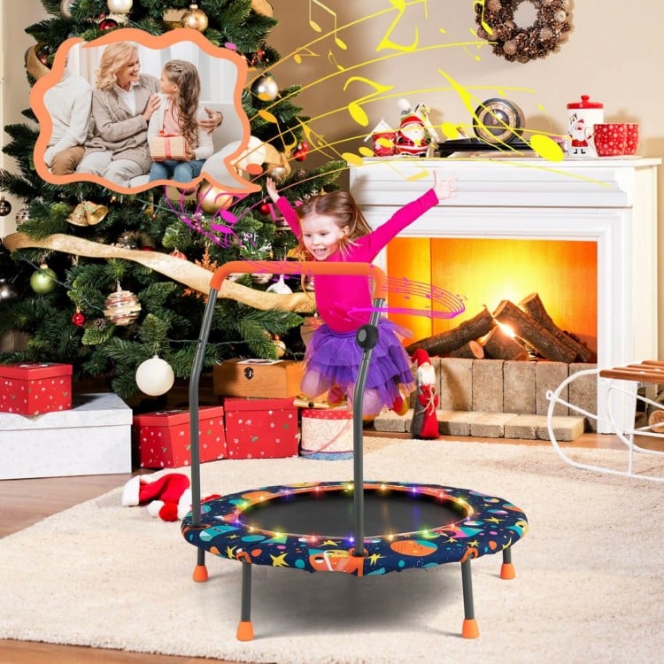 Colorful 36-inch mini trampoline with LED lights and Bluetooth speaker, perfect for kids' fun and exercise indoors.