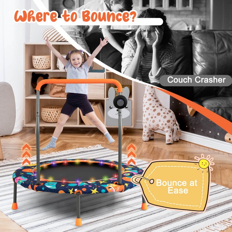 Colorful 36-inch mini trampoline with LED lights and Bluetooth speaker, designed for safe jumping and fun exercise for.
