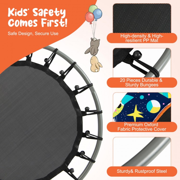 Close-up of the 36-inch mini trampoline with safety features, durable PP mat, and colorful LED lights for kids' fun.