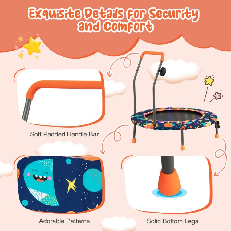 Soft padded handle bar and solid legs of the 36-inch mini trampoline with colorful LED lights for kids' safety and.