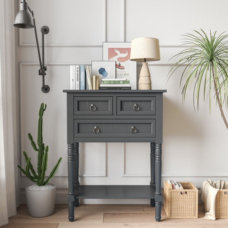 Narrow console table in gray with 3 storage drawers and open bottom shelf, ideal for small spaces in entryways or.