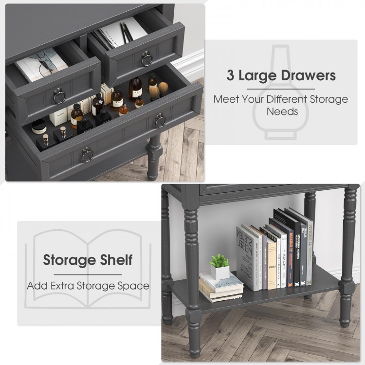 Narrow console table featuring three large drawers and an open bottom shelf, perfect for entryway or small spaces.