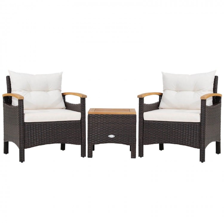 Two single patio chairs with off-white cushions and a brown PE rattan table, perfect for outdoor relaxation.