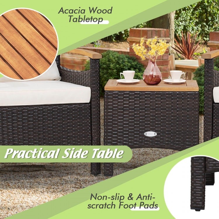 Acacia wood tabletop side table with non-slip foot pads, perfect for outdoor patio use with rattan furniture set.