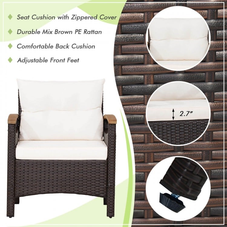Single patio chair with removable off-white cushion, durable mix brown PE rattan, and adjustable front feet for.