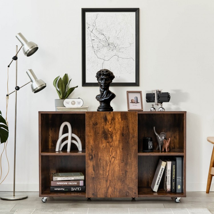 Rustic brown wood storage cabinet with wheels, featuring 6 compartments for convenient organization in any room.