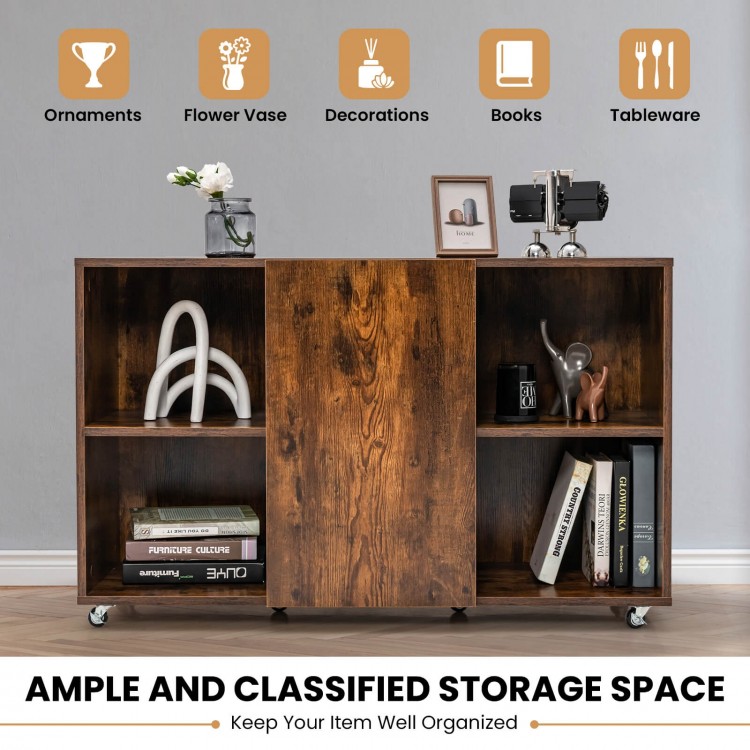 Wood storage cabinet with wheels in rustic brown, featuring 6 compartments for organized storage in any room.