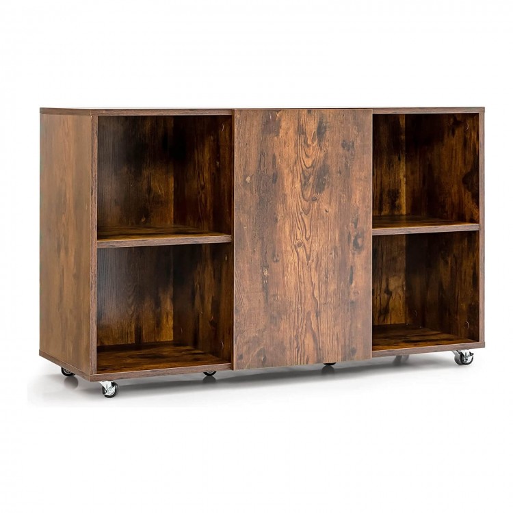 Wood storage cabinet with wheels in rustic brown, featuring 6 compartments for versatile storage in home or office.