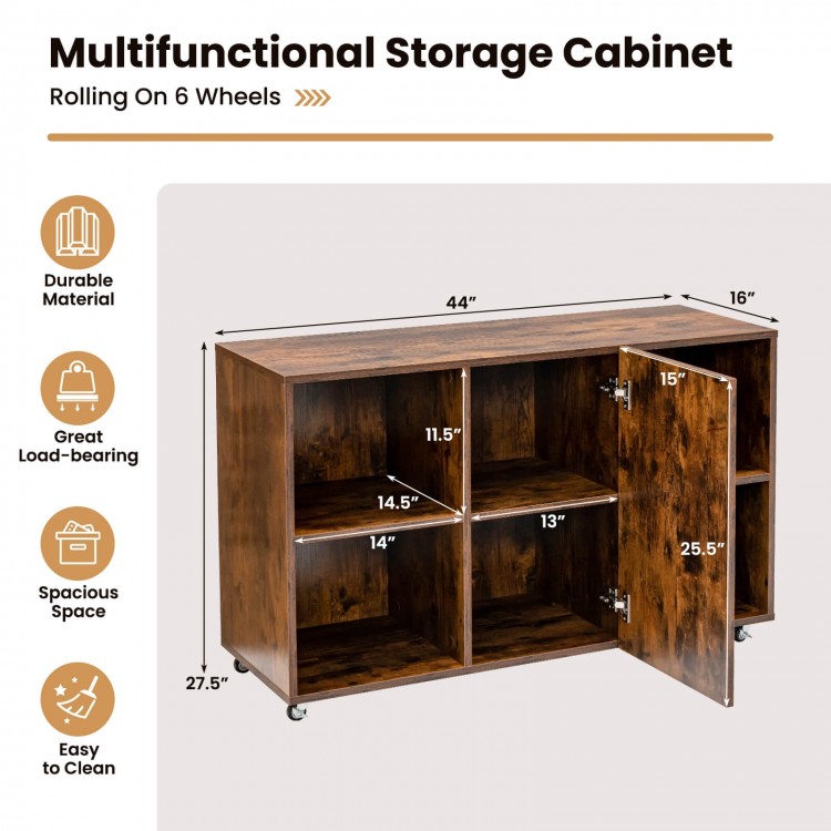 Wood storage cabinet with wheels in rustic brown, featuring 6 compartments for versatile storage in any room.