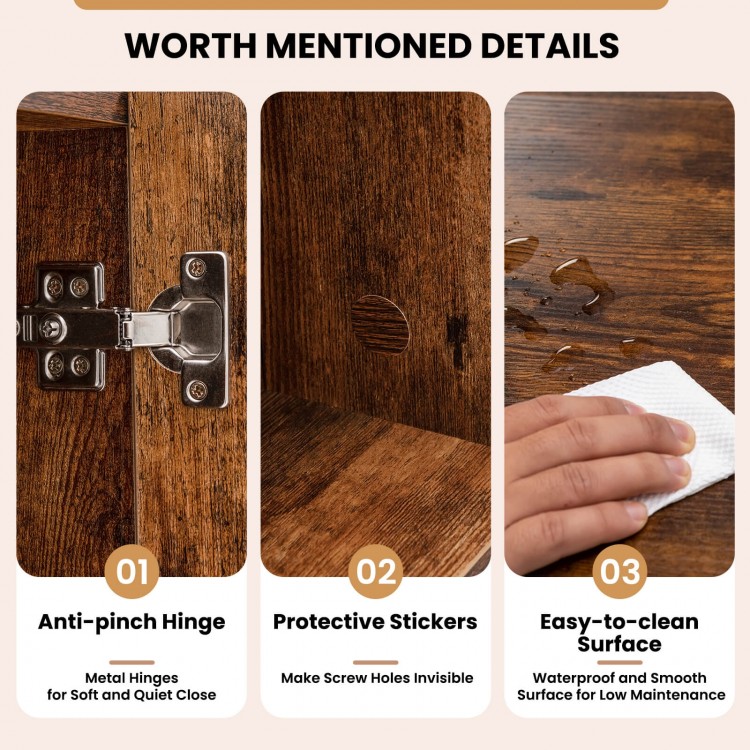 Detail of the wood storage cabinet showcasing anti-pinch hinge, protective stickers, and easy-to-clean surface features.