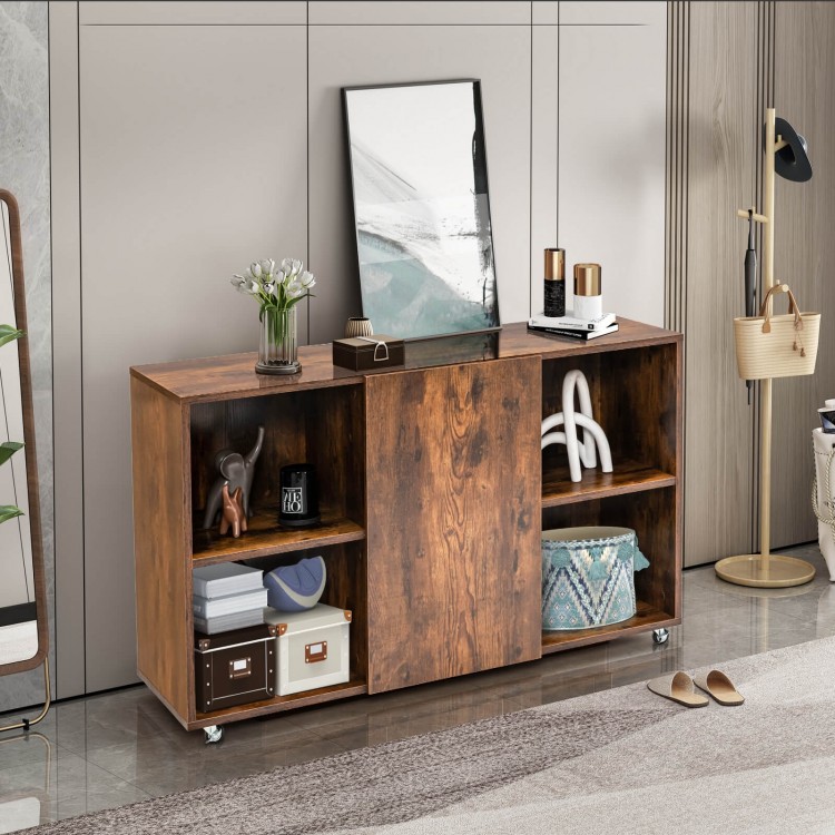 Wood storage cabinet with wheels in rustic brown, featuring 6 compartments and a spacious top for versatile home.