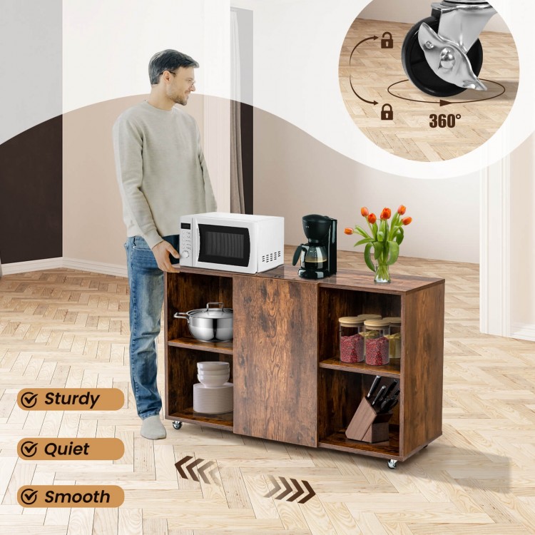 Wood storage cabinet with wheels in rustic brown, featuring 6 compartments and a spacious top for convenient storage.