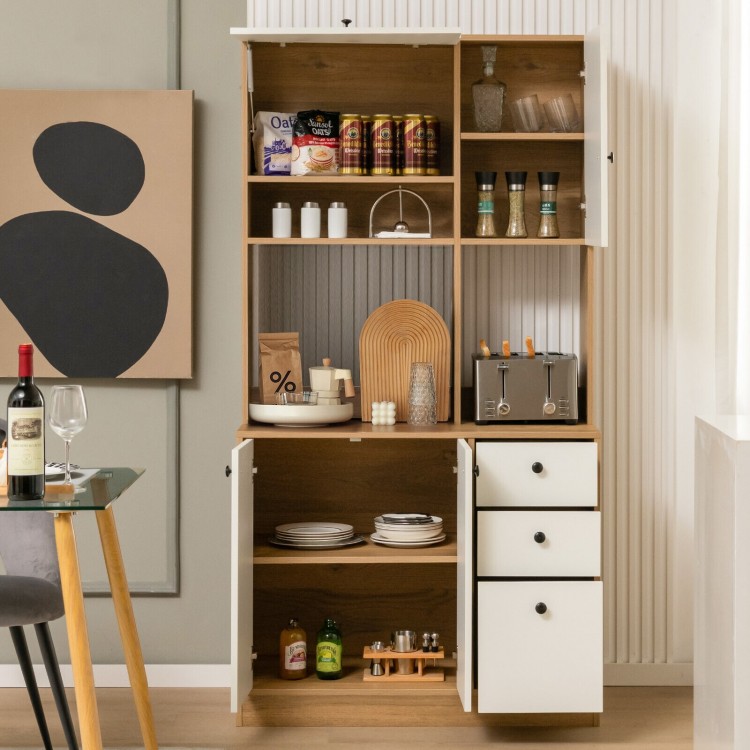 71-inch white kitchen pantry featuring 3 cabinets and 3 deep drawers, ideal for organized storage in dining or living.