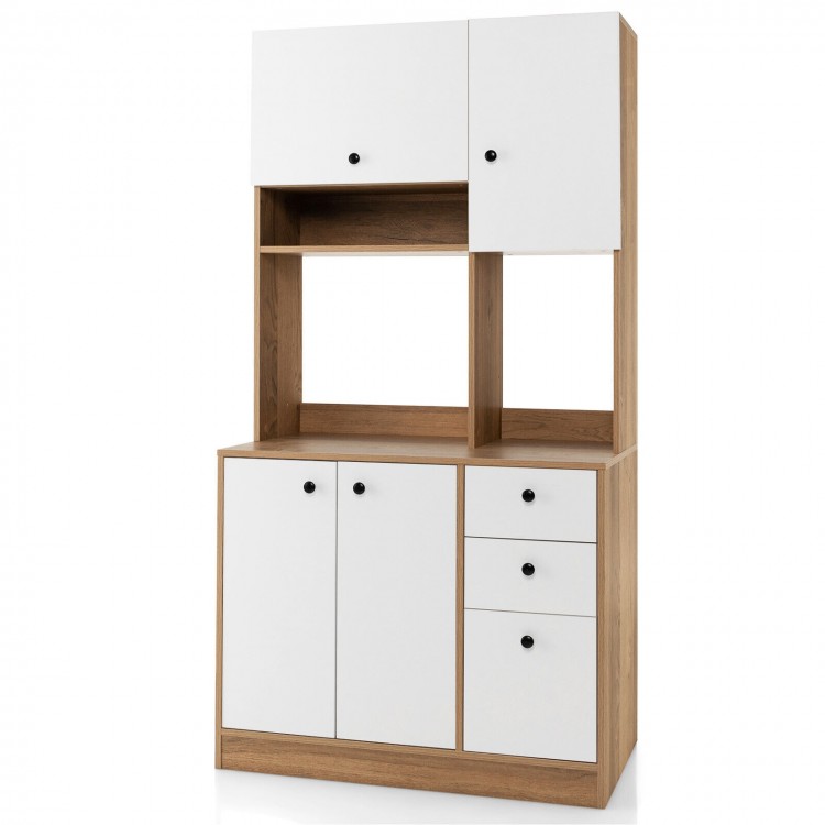 71-inch kitchen pantry in white with 3 cabinets and 3 deep drawers, ideal for kitchen or dining room storage.