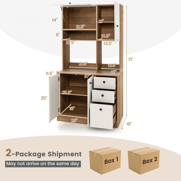 71-inch kitchen pantry in white featuring 3 cabinets and 3 deep drawers, ideal for kitchen and dining room storage.