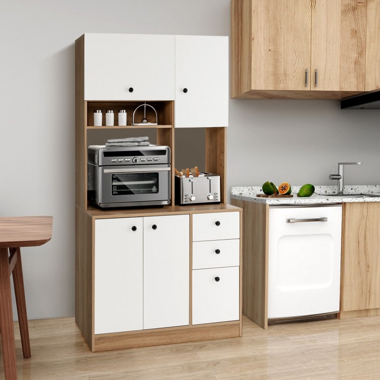 71-inch kitchen pantry in white with 3 cabinets and 3 deep drawers, ideal for storage in kitchen or dining room.