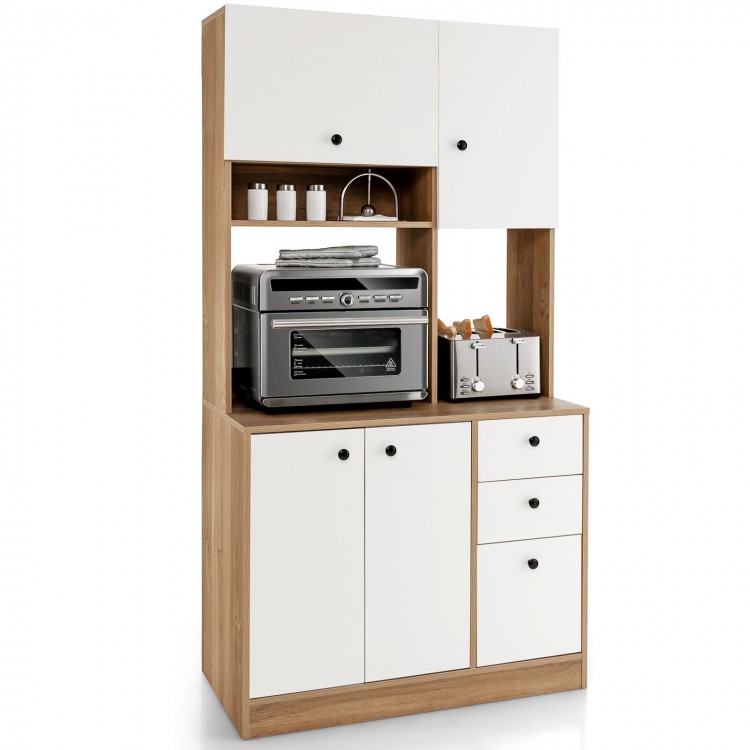 71-inch kitchen pantry in white with 3 cabinets and 3 drawers, featuring a wide countertop for versatile storage.