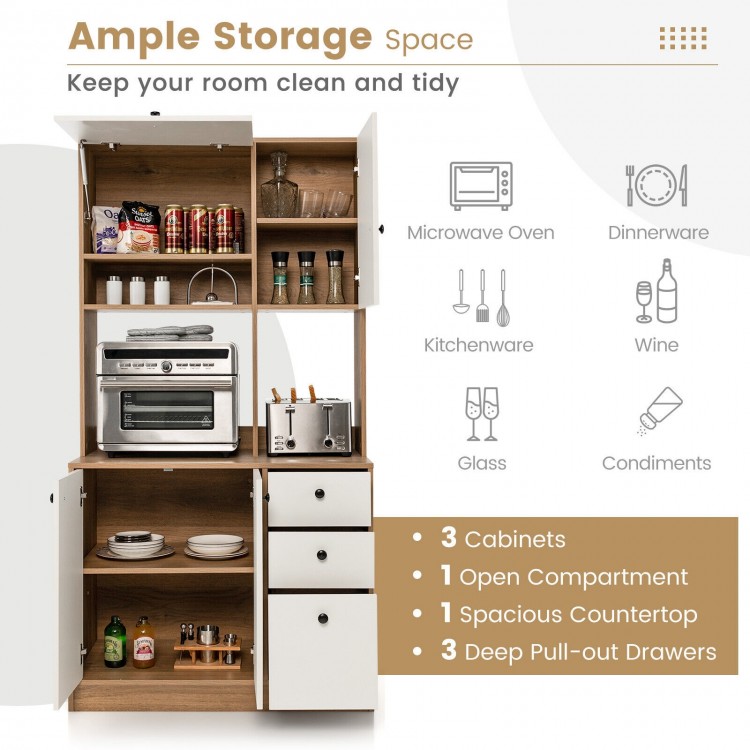 71-inch white kitchen pantry featuring 3 cabinets, 3 deep drawers, and a spacious countertop for versatile storage.