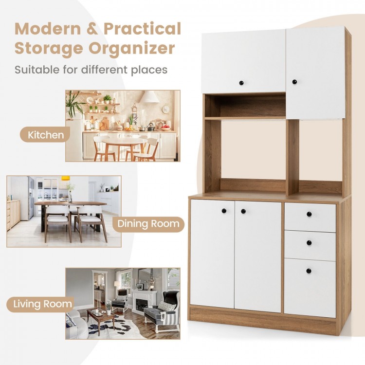 71-inch kitchen pantry in white featuring 3 cabinets and 3 deep drawers, ideal for kitchen, dining, or living room.