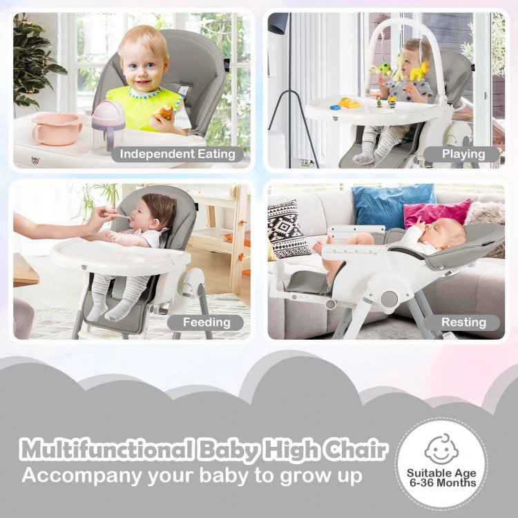 4-in-1 Foldable Baby High Chair with 7 Adjustable Heights and Free Toys Bar-GrayCostway Gallery View 3 of 10