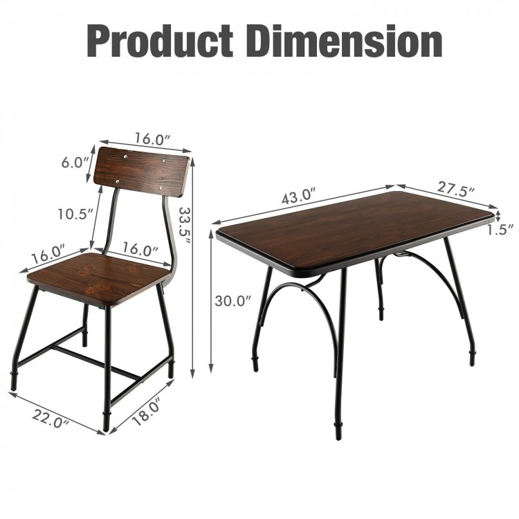 Dimensions of the 5 Piece Rectangular Dining Table Set with Metal Frame, showcasing table and chair measurements.