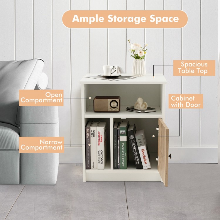 White nightstand featuring a cabinet with door and two open shelves, perfect for bedroom or living room storage.