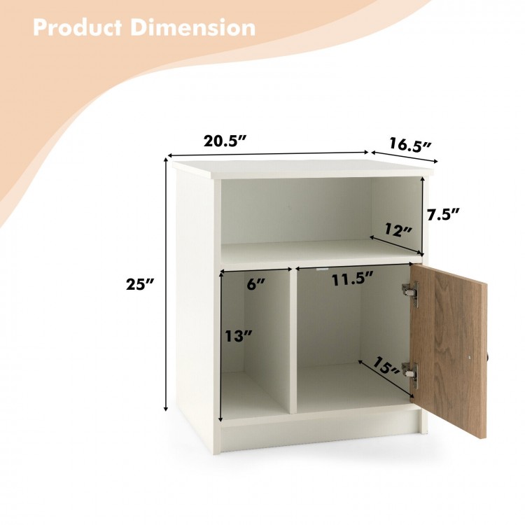 25-inch tall white nightstand with door and two open shelves, featuring dimensions and storage details for versatile.