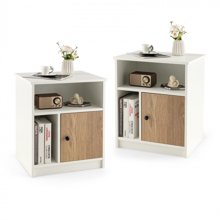 Two 25-inch tall white nightstands with doors and open shelves, perfect for bedroom or living room organization.