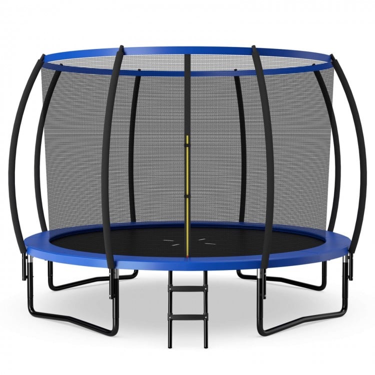 12FT blue recreational trampoline with enclosure net, ladder, and ASTM certification for safety and stability.