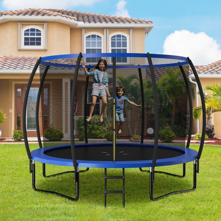 12FT blue recreational trampoline with safety net and ladder, designed for kids and adults, ASTM certified for safety.