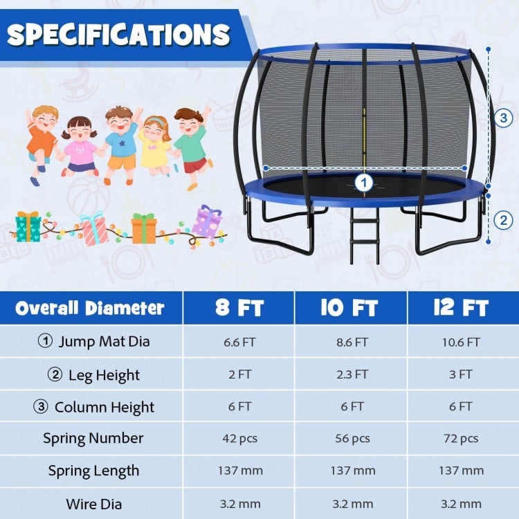 12FT blue recreational trampoline with ladder, ASTM certified, featuring safety net and durable rustproof frame for.